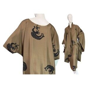 Laise Adzer Olive Silk 2 Part Shift Dress & Matching Kimono Inuit Art Print O/S